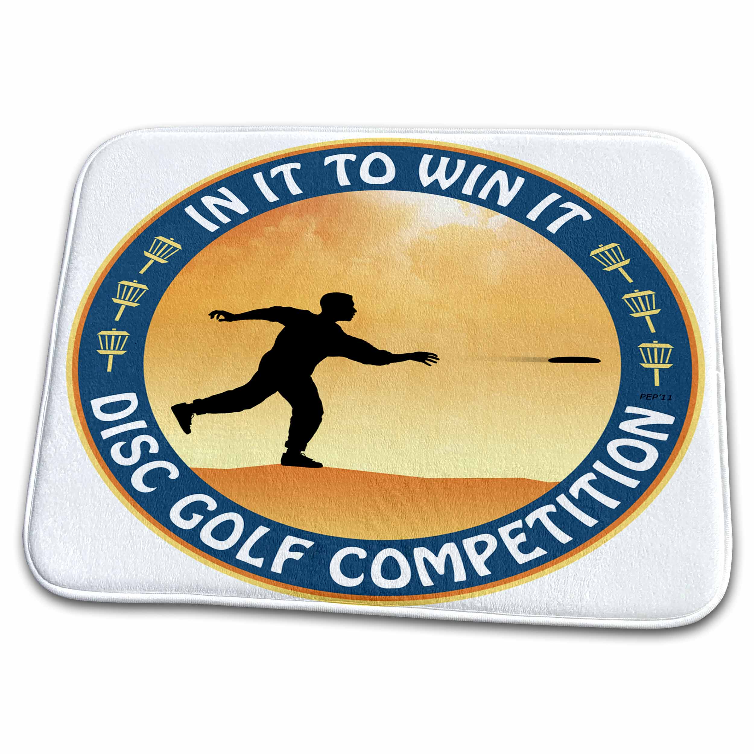Dish Drying Mat - Disc Golf Competition in it to win it with frisbee disc golf player throwing a shot Designs Disc Golf