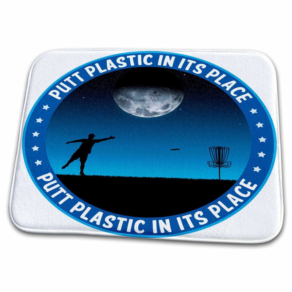 Dish Drying Mat - Putt Plastic In Its Place 8 silhouette of frisbee disc golfer putting under the moon Designs Disc Golf