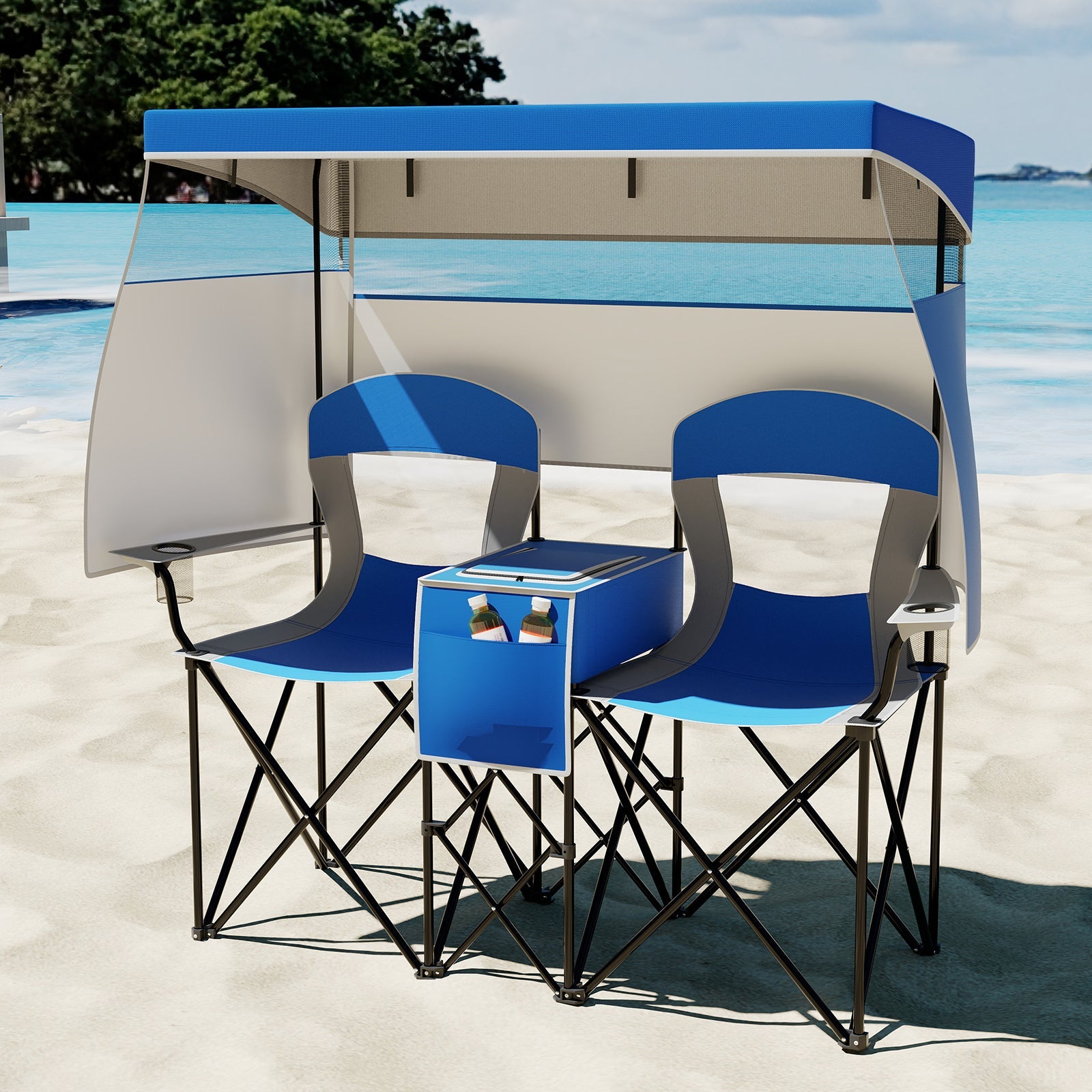 Double Beach Chair with Adjustable Canopy and 3 -Side Shading Curtains