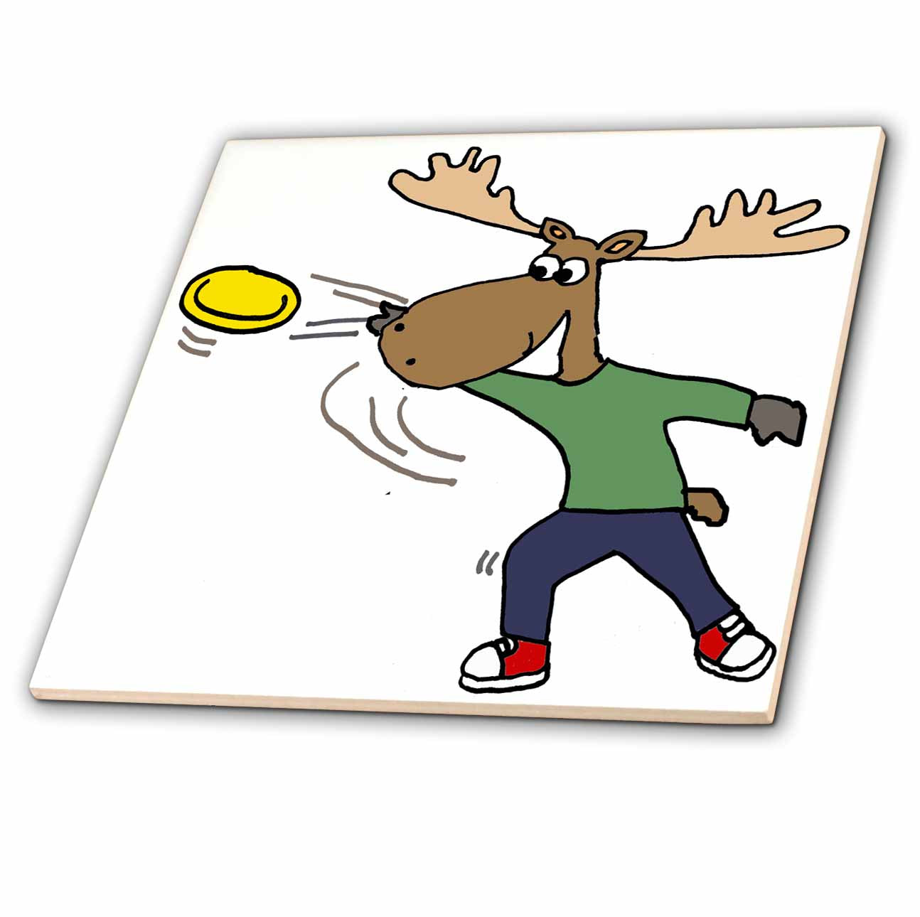 3dRose All Smiles Art Sports and Hobbies - Funny Cool Moose Throwing Frisbee Cartoon - Tiles