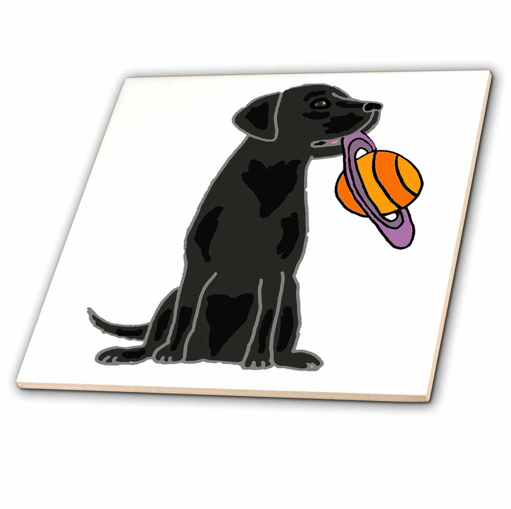3dRose Funny Black Labrador Retriever Dog with Saturn Planet as Frisbee - Tiles (ct_342272)