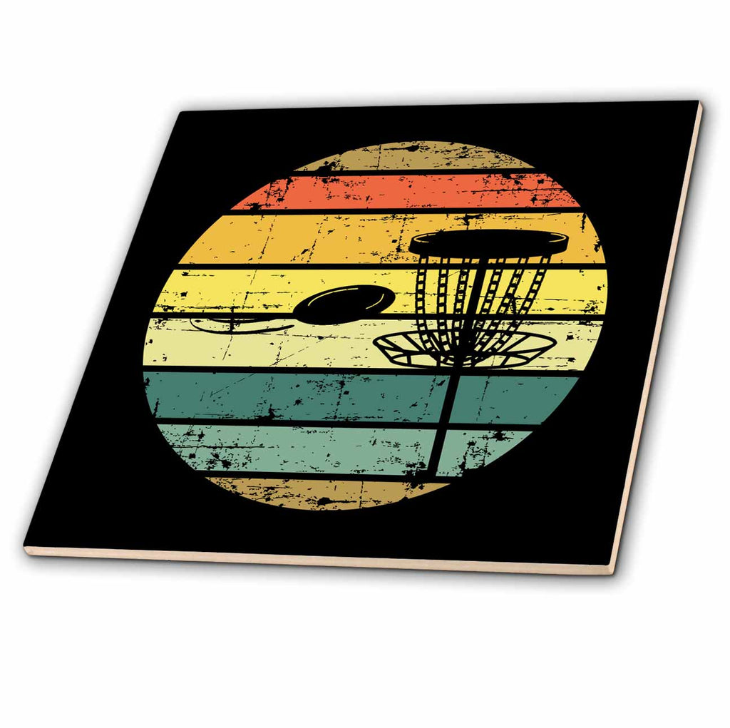 3dRose Black disc golf basket with disc over retro striped circle on black. - Tiles (ct-382285)