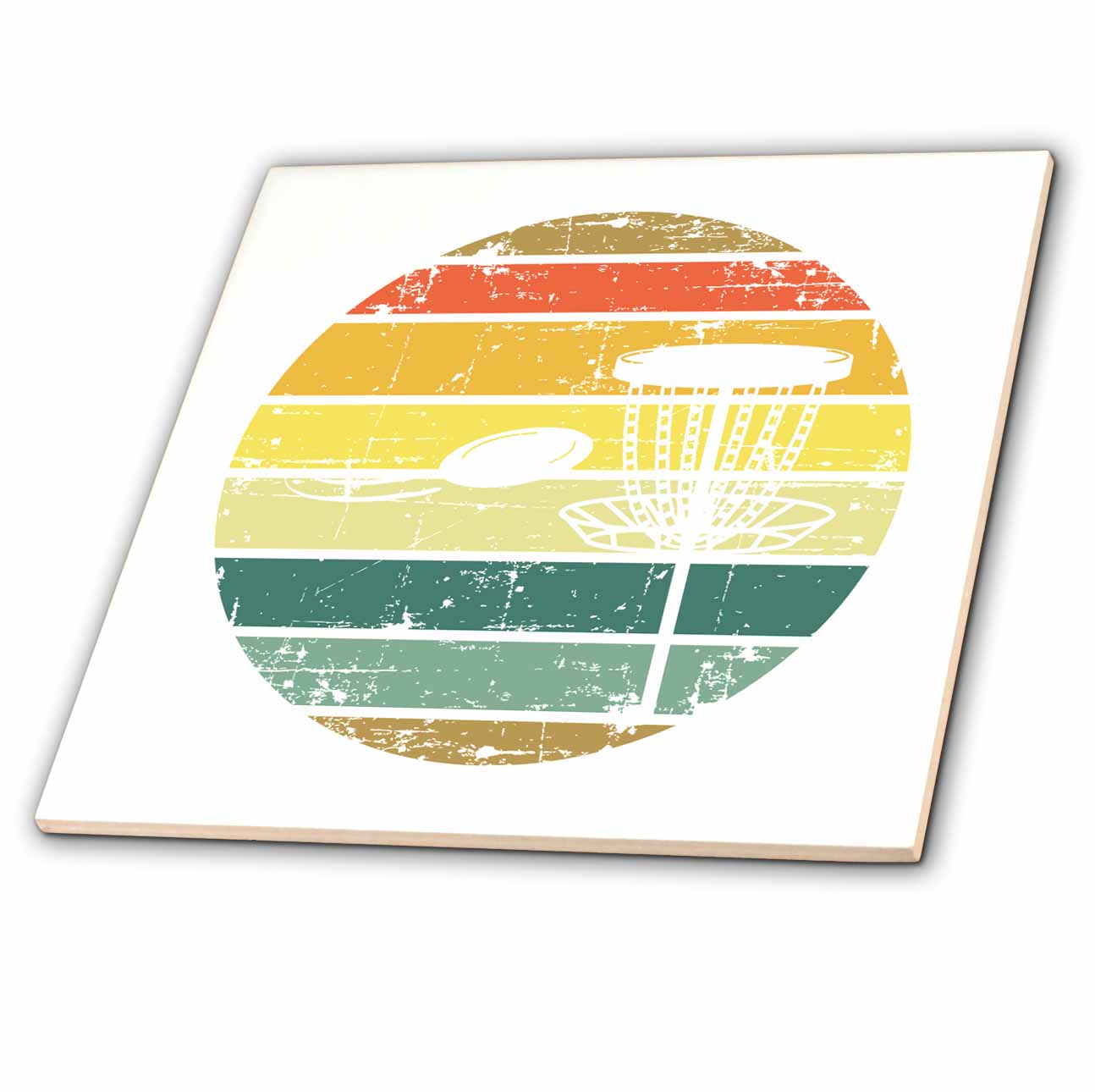 3dRose White disc golf basket with disc over striped circle on white. - Tiles (ct-382288)
