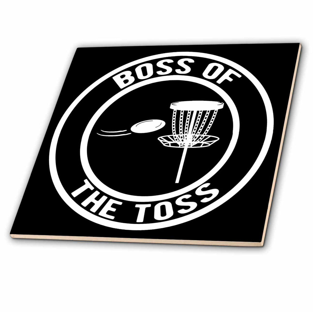 3dRose Boss of the Toss in a circle with disc golf basket and disc on black. - Tiles (ct-382295)