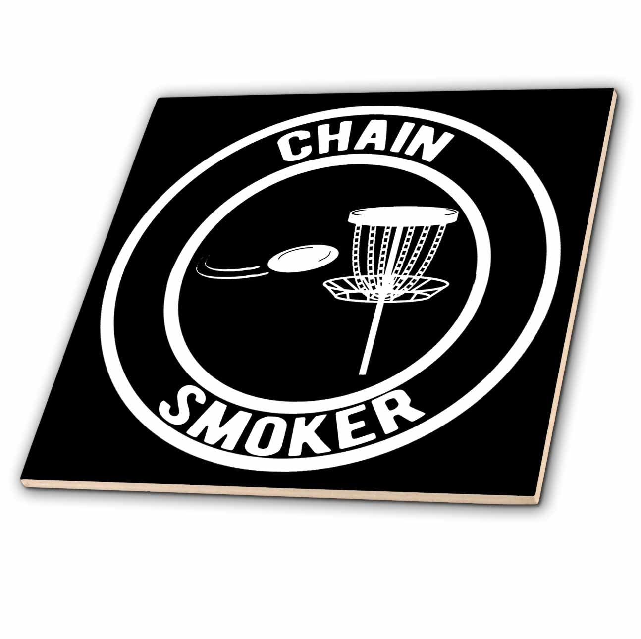3dRose Chain Smoker in a circle with disc golf basket and disc on black. - Tiles (ct-382297)