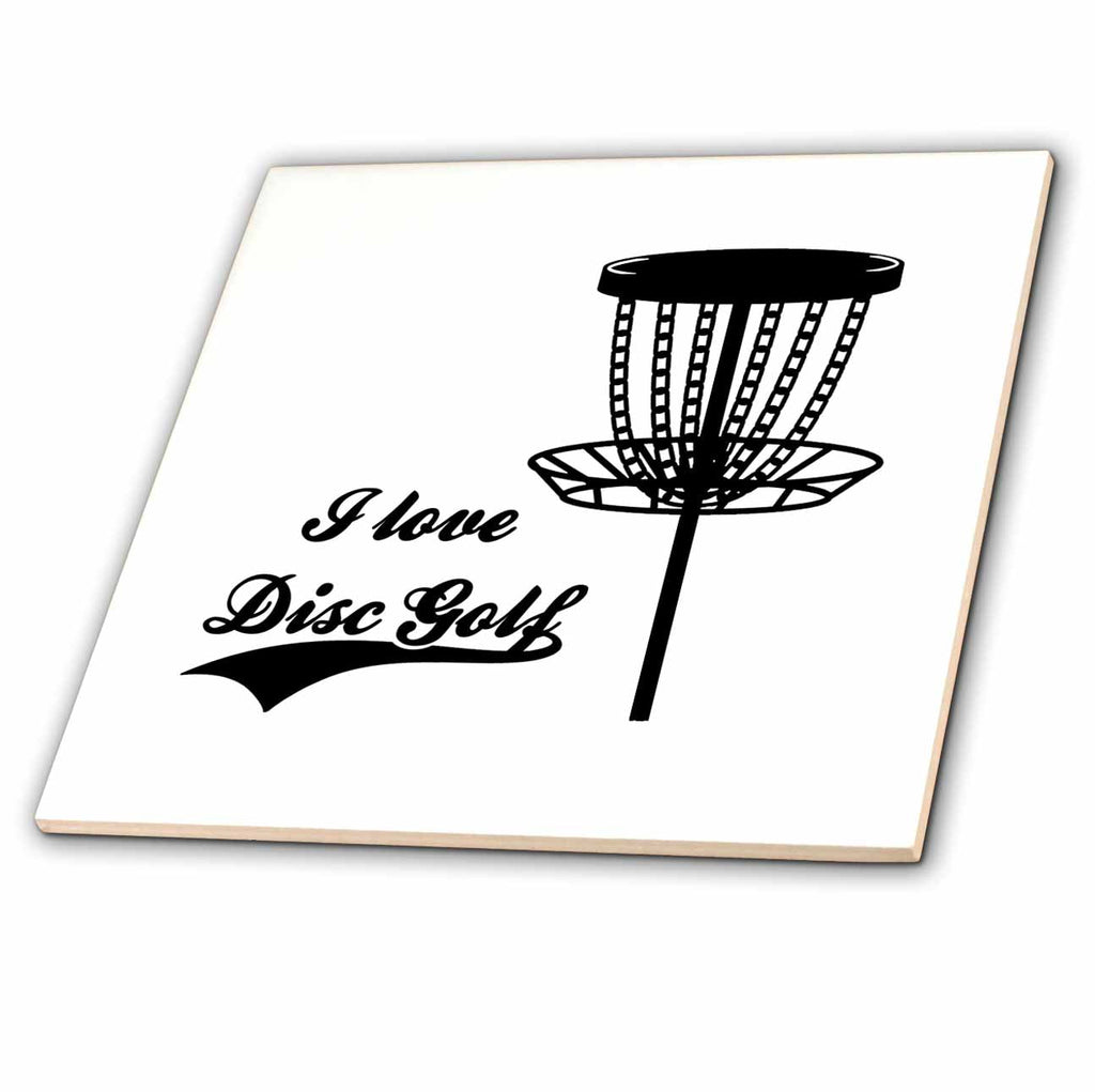 3dRose I love Disc Golf with disc golf basket. Black on white background. - Tiles (ct-382306)
