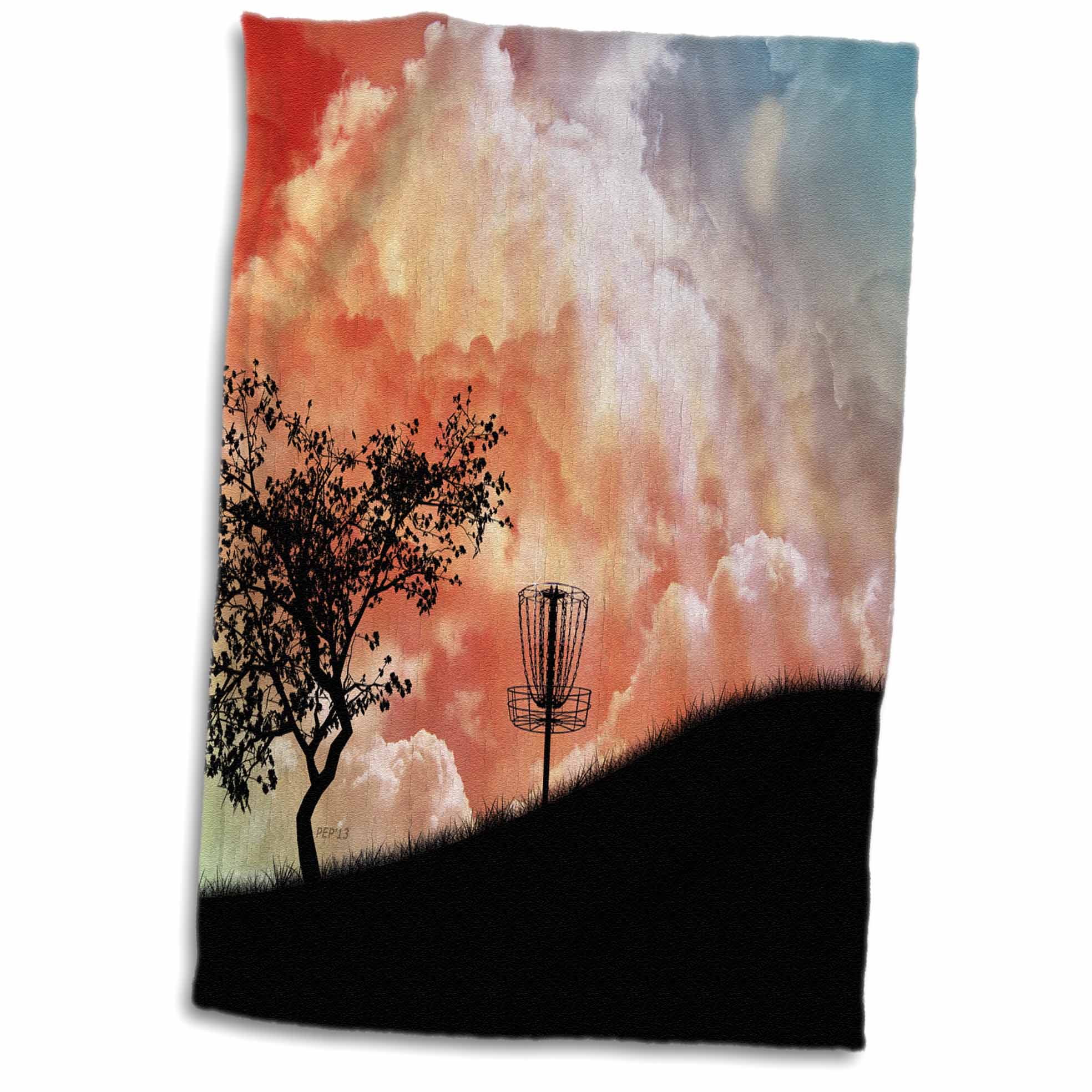 3dRose Basket On A Hill - silhouette of a frisbee disc golf basket with chains - Towels (twl-173454)