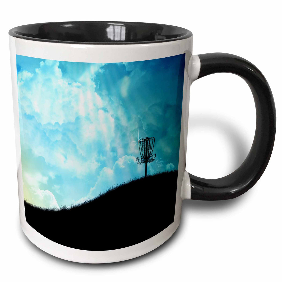 3dRose Basket On A Hill - silhouette of a frisbee disc golf basket with chain... - Mugs (mug_120327)