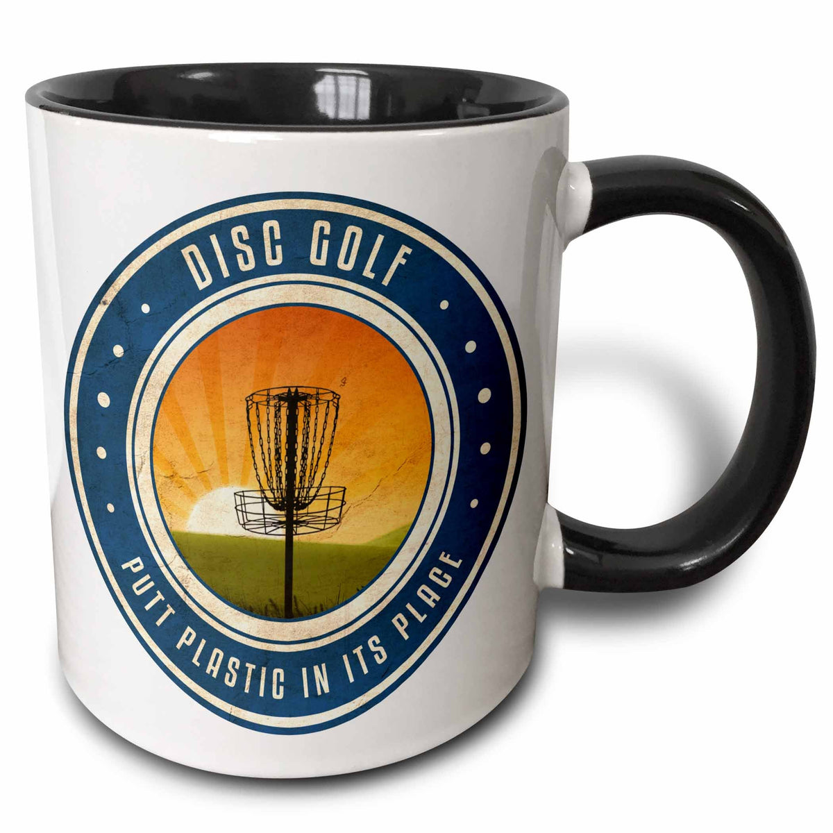3dRose Putt Plastic In Its Place #11 - silhouette of frisbee disc golf basket as... - Mugs (mug_39411)