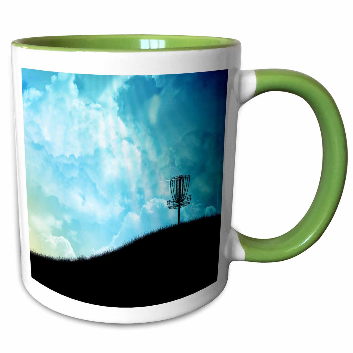 3dRose Basket On A Hill - silhouette of a frisbee disc golf basket with chain... - Mugs (mug_120327)