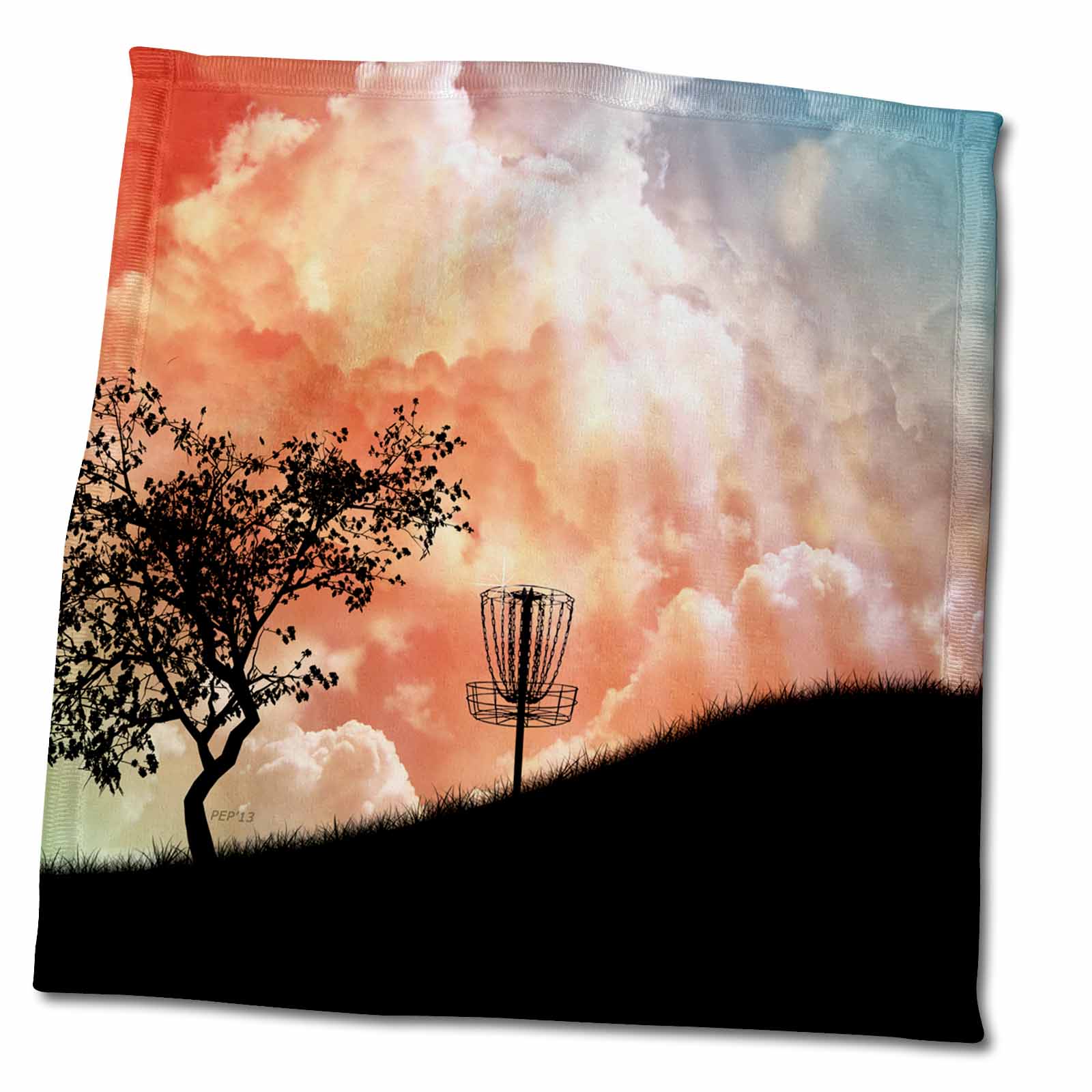 3dRose Basket On A Hill - silhouette of a frisbee disc golf basket with chains - Towels (twl-173454)