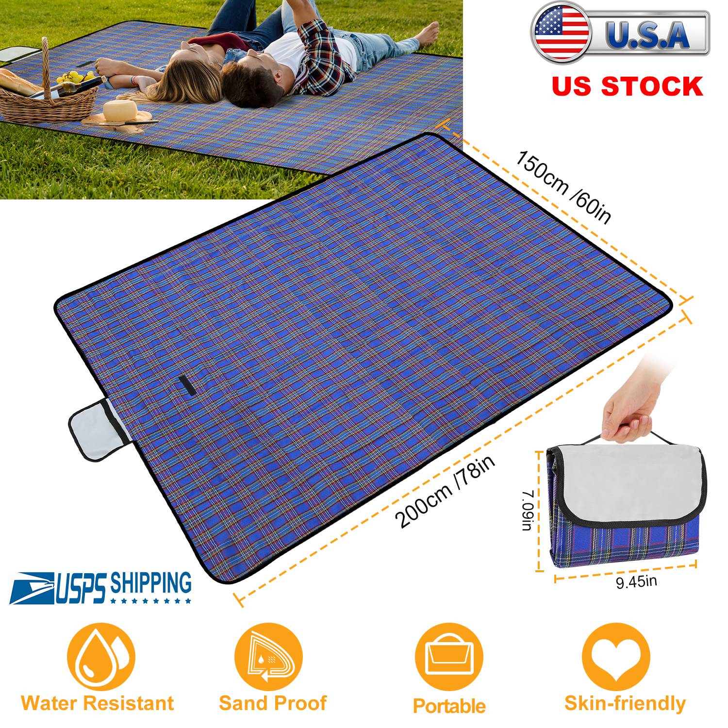 60" x 78" Waterproof Picnic Blanket Handy Mat with Strap Foldable Camping Rug for Camping Hiking Grass Travelling