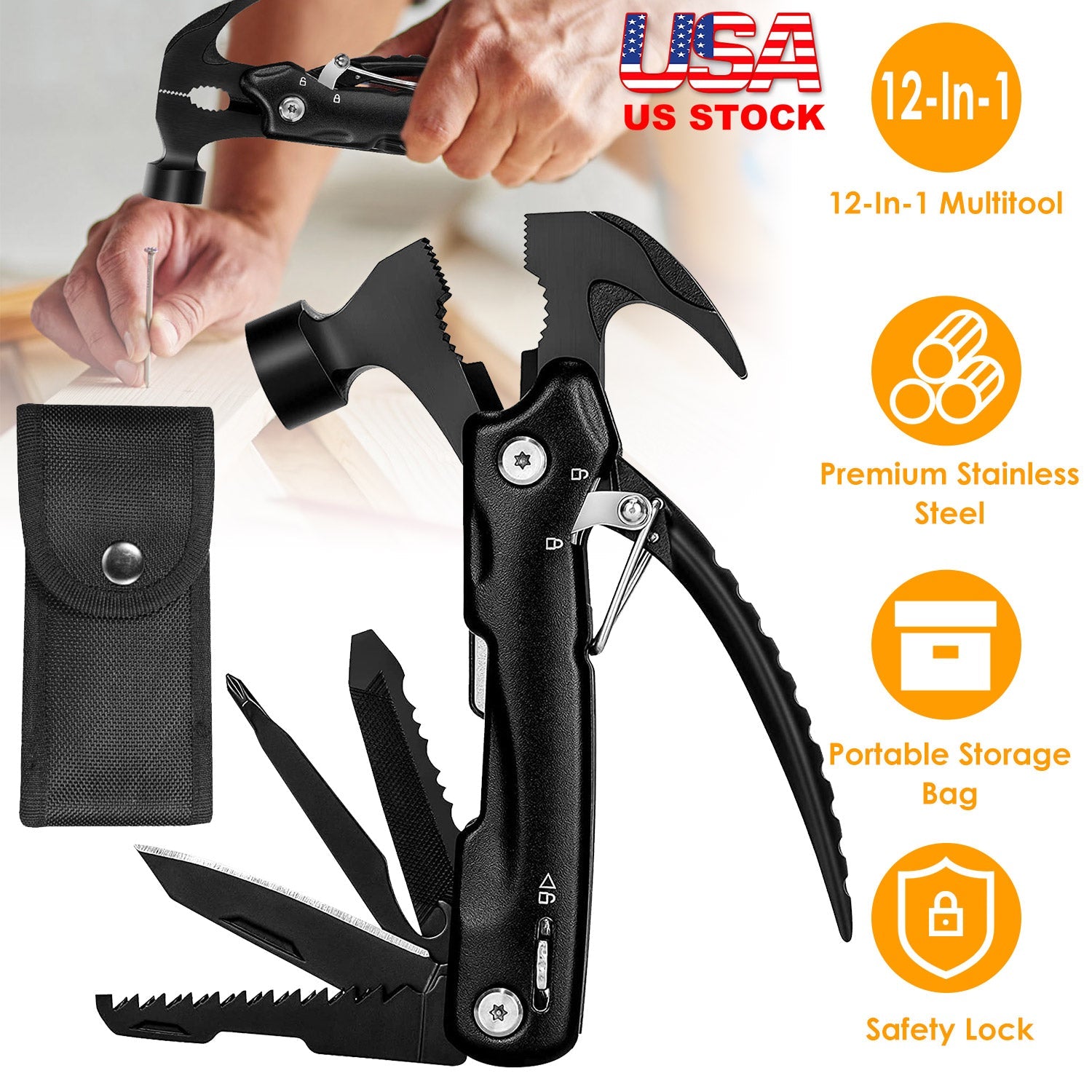 12 in 1 Hammer Multitool Portable Stainless Steel Mini Hammer Survival Tool Camping Gear Unique Gifts for Dad Husband Brother Boyfriend