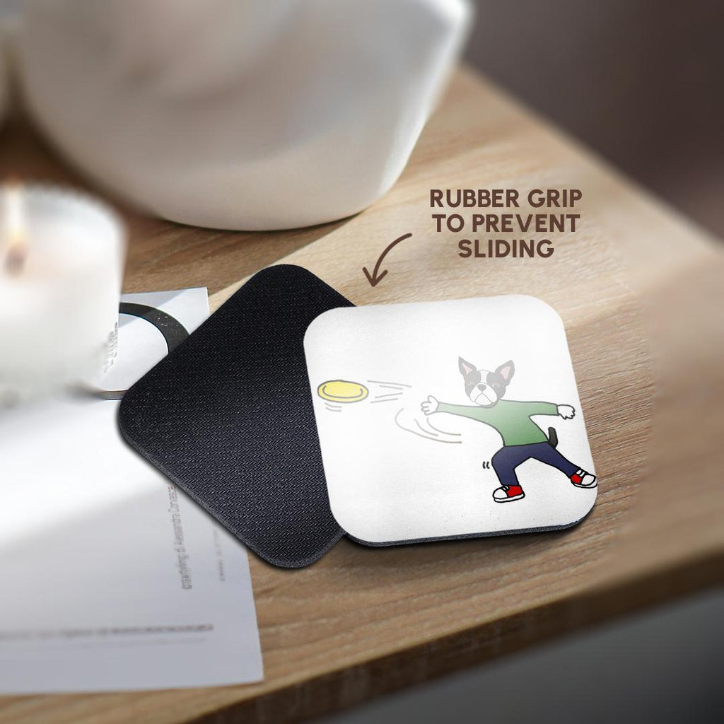 3dRose All Smiles Art Pets - Funny Cool Boston Terrier Dog Throwing Frisbee Cartoon - Coasters